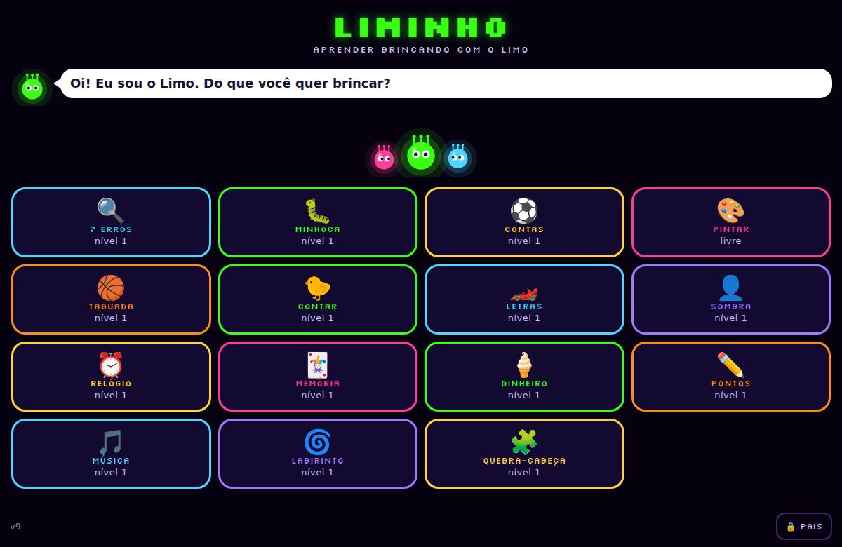 Menu do Liminho: o Limo num balão perguntando do que a criança quer brincar e os vinte e um jogos em blocos coloridos